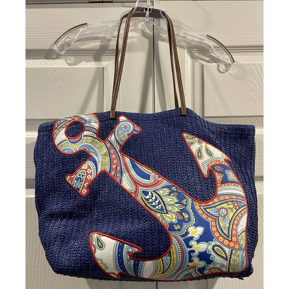 Vera Bradley Blue Straw w Anchor Pattern Large Beach Tote Bag